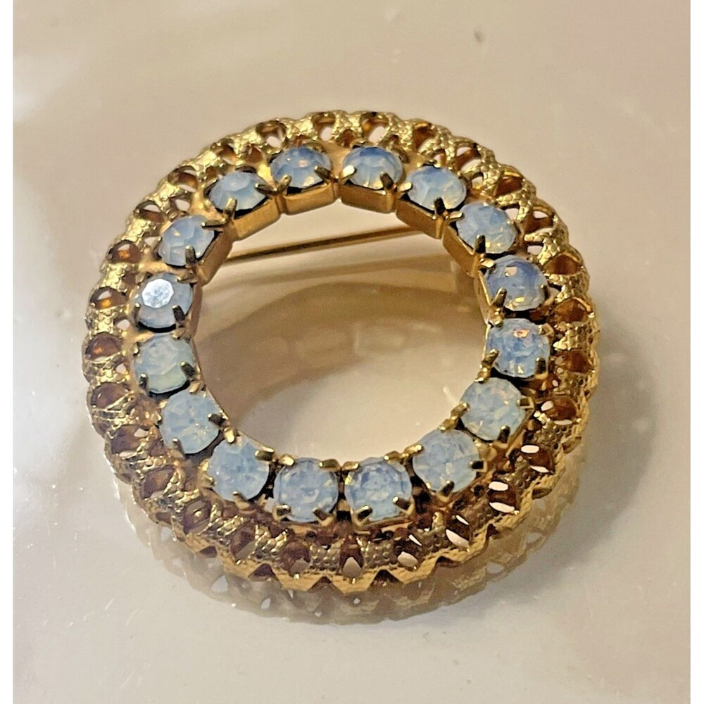 VTG Opaline Glass Brooch Pin Gold Plated Baby Blue Rhinestone Art Deco - Lovely!